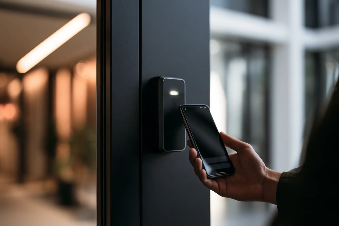 Smartphone interacting with an NFC access-control reader