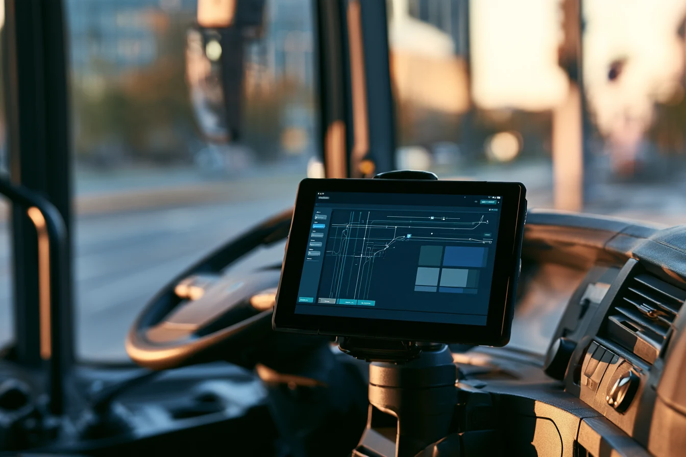 Mounted tablet in a bus driver cockpit representing shift and route management